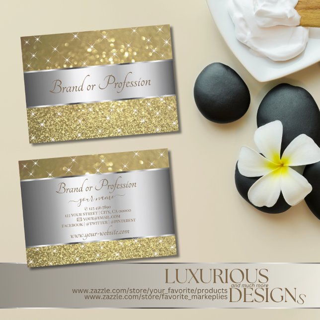 Luxurious Silver Guld Glitter Spark Stars Elegance Visitkort (Skapare uppladdad)