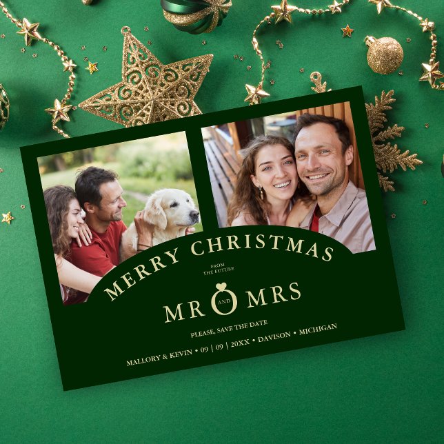Luxurious Trendy Dark Green Christmas 2 Photos Spara Datumet (Luxurious Trendy Dark Green Christmas 2 Photos Wedding Save the Date Card as a Holiday Card.)