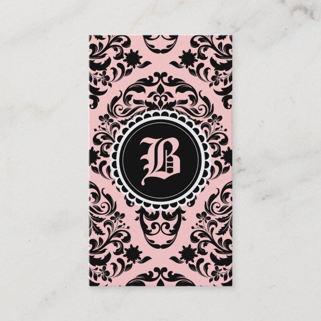 Luxuriously svart damastast Monogramblomma för Visitkort (Framsida)