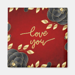 Luxurirrött med Svarta och Guld Blommigt Gräns Magnet