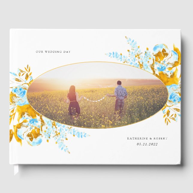 luxurisk turkos guld blommigt bröllop gäst bok (Framsida)