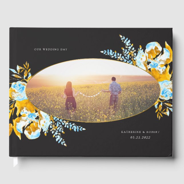 luxurisk turkos guld blommigt bröllop gästböcker (Framsida)