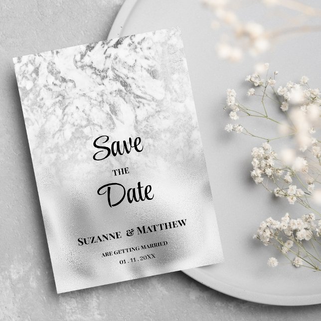 Luxuriskt grått-vit marmor silver Spara datum Inbjudningar (Luxurious gray white silver marble Save the Date)