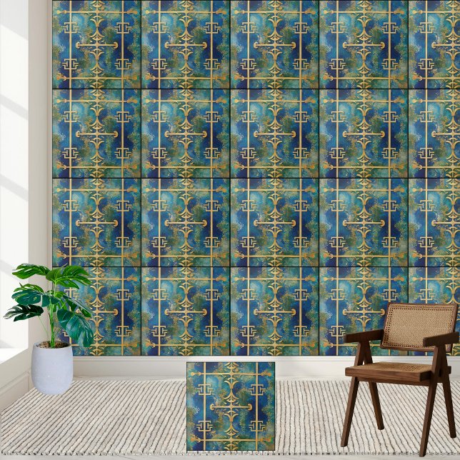 Luxuriskt grekiskt Nyckel-Tile i Teal och Guld Kakelplatta (Luxurious Greek Key Tile in Teal and Gold)