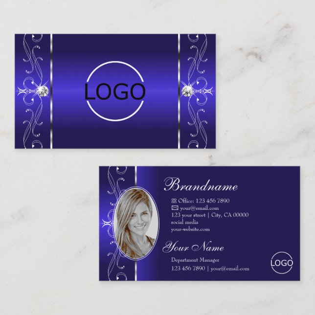 Luxuriskt Royal Blue Squiggled Jewels Logotyp & Ph Visitkort (Fram/baksida)