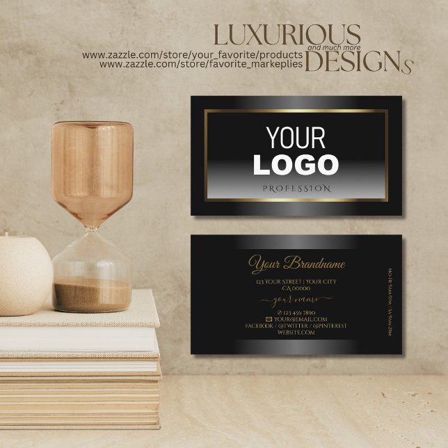 Luxurit Black and White Ombre Guld Ram Logotyp Visitkort (Skapare uppladdad)