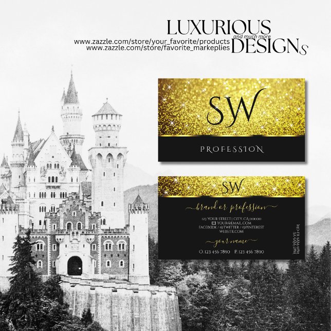 Luxurit Black Guld Glitter Spark Stars Initialer Visitkort (Skapare uppladdad)