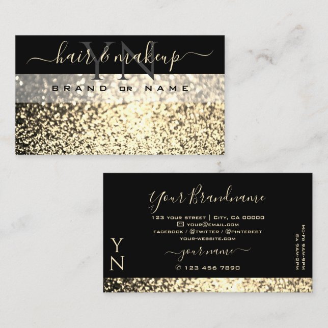 Luxurit Black Guld mousserande Glitter Monogram Visitkort (Fram/baksida)