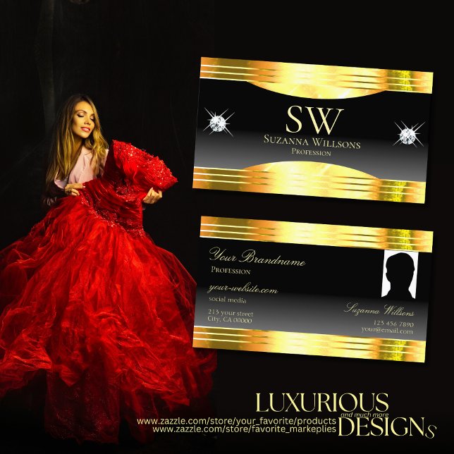 Luxurit Black Ombre Guld Gräns Monogram Photo Visitkort (Skapare uppladdad)