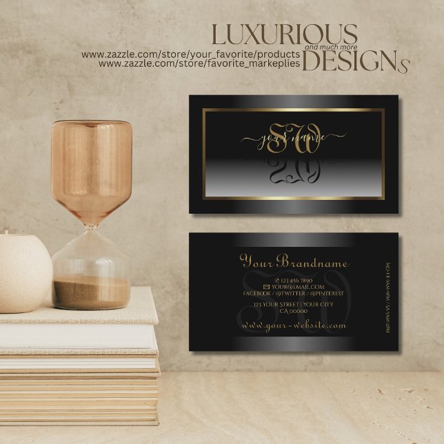 Luxurit Black White Ombre Guld Ram Initialer Visitkort (Skapare uppladdad)