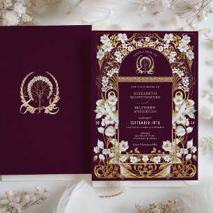 Luxurit Burgundy & Antique Guld Blommigt Bröllop Inbjudningar