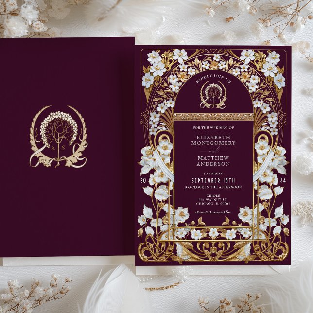 Luxurit Burgundy & Antique Guld Blommigt Bröllop Inbjudningar (Skapare uppladdad)