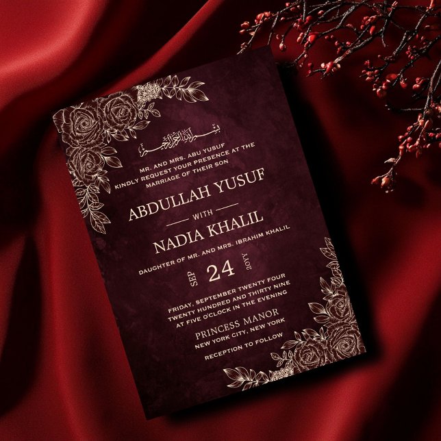 Luxurit Burgundy Blommigt Guld Islamiska Bröllop Inbjudningar (Skapare uppladdad)