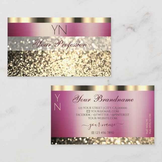 Luxurit Burgundy Guld Sparkling Glitter Monogram Visitkort (Fram/baksida)