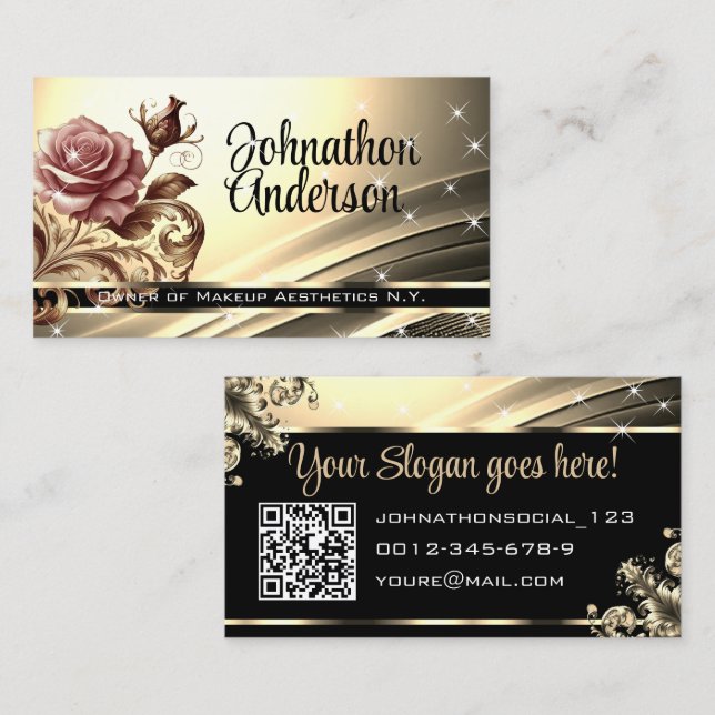 Luxurit Golden Rosa ros Glitter Stars QR-kod Visitkort (Fram/baksida)