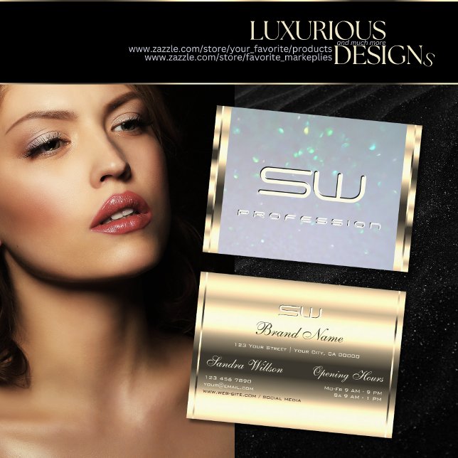 Luxurit Guld Blue Pearl Glitter och 3D Initialer Visitkort (Skapare uppladdad)