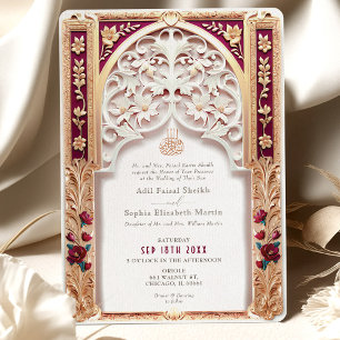 Luxurit Guld Burgundy Islamic Bröllop Arabesque Inbjudningar