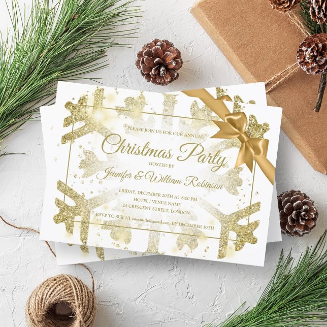 Luxurit Guld Glitter Julafton Helgdag Ribbon Inbjudningar (Luxurious Gold Glitter Xmas Holiday Ribbon Invitation)