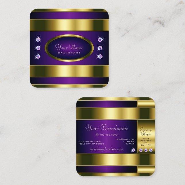 Luxurit Guld och Lila med Faux Diamonds Fyrkantigt Visitkort (Fram/baksida)