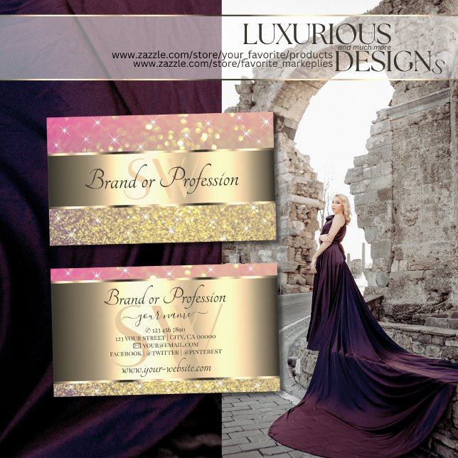 Luxurit Guld Rosa Lila Glitter Stars Monogram Visitkort (Skapare uppladdad)
