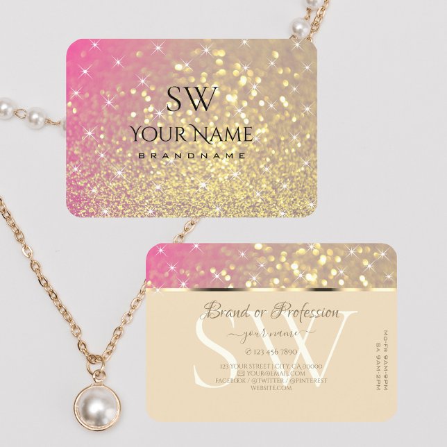 Luxurit Guld Rosa Lila Glitter Stars Monogram Visitkort (Skapare uppladdad)
