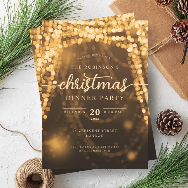 Luxurit Guld Winter Ljus jul Party Inbjudningar (Luxurious Gold Winter Lights Christmas Party Invitation)