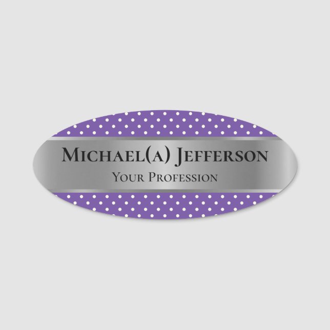 Luxurit Metallisk Silver: Violet Lila Polka Dot Namnbricka (Framsida)