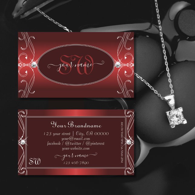Luxurit Red Ornate Sparkling Diamonds Monogram Visitkort (Skapare uppladdad)
