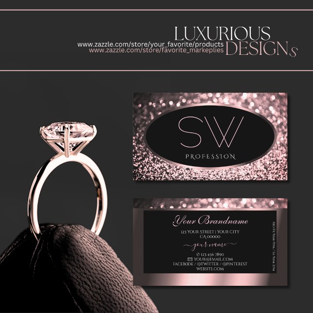 Luxurit Ro Rosa Black Gnistra Glitter Monogram Visitkort (Skapare uppladdad)