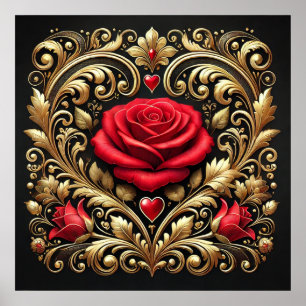 Luxurit Röd ros och Guld Heart Artwork Poster