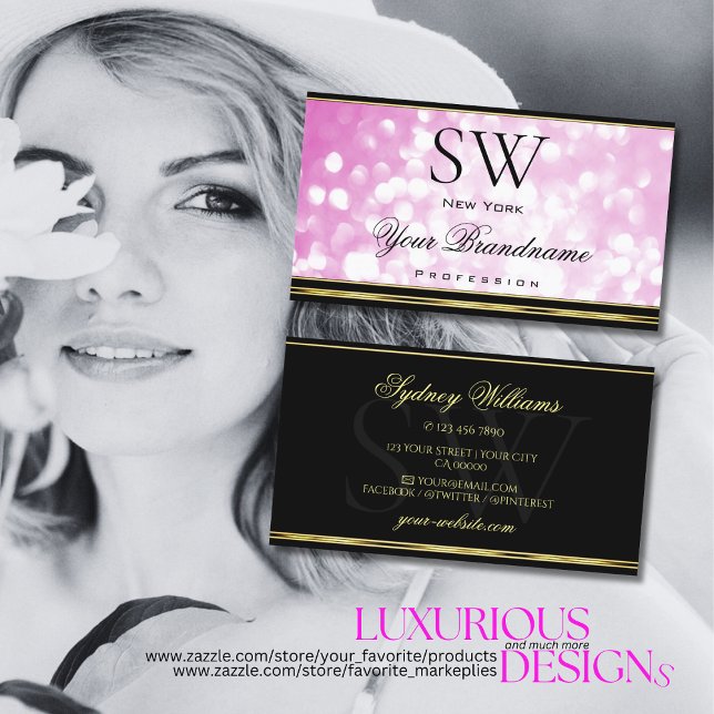 Luxurit Rosa Glitter Black Guld Gräns Monogram Visitkort (Skapare uppladdad)