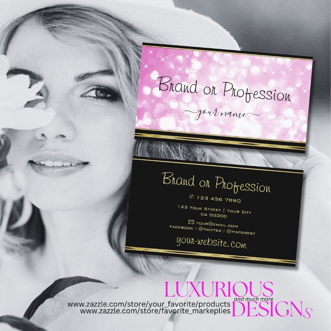 Luxurit Rosa Glitter Stars Black och Guld Gräns Visitkort (Skapare uppladdad)