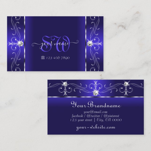 Luxurit Royal Blue Squiggled Jewels och Monogram Visitkort (Fram/baksida)