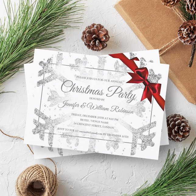 Luxurit Silver Glitter Julafton Helgdag Red Ribbon Inbjudningar (Luxurious Silver Glitter Xmas Holiday Red Ribbon Invitation)