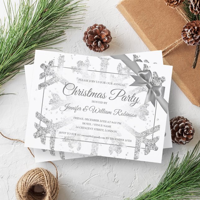 Luxurit Silver Glitter Julafton Helgdag Ribbon Inbjudningar (Luxurious Silver Glitter Xmas Holiday Ribbon Invitation)
