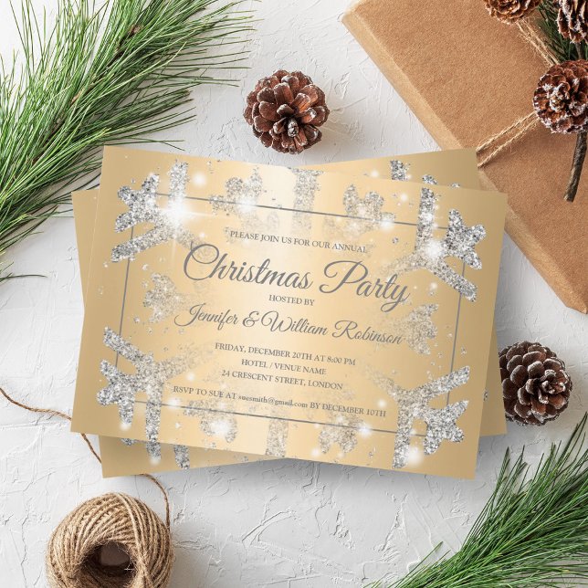 Luxurit Silver Glitter Snö Julafton Helgdag Guld Inbjudningar (Luxurious Silver Glitter Snow Xmas Holiday Gold Invitation)