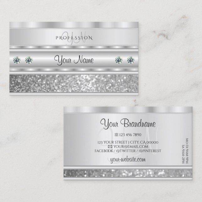 Luxurit Silver mousserande Glitter med Monogram Visitkort (Fram/baksida)