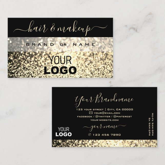 Luxurit Svart Guld-mousserande Glitter med Logotyp Visitkort (Fram/baksida)