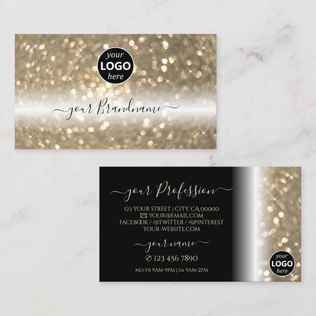 Luxurit Svart Guld-mousserande Glitter med Logotyp Visitkort (Fram/baksida)