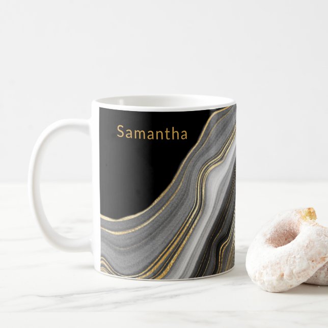 Luxurit, svart, Guld och Grått monogrammat agat Kaffemugg (Med munk)