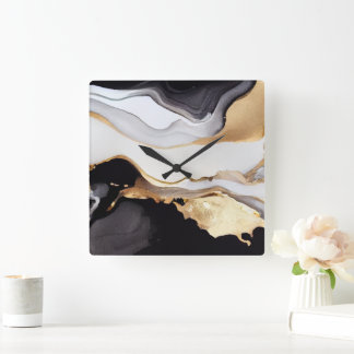 Luxurit svart, vit och Guld marble Design Fyrkantig Klocka