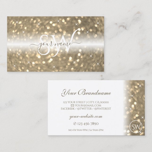 Luxurit White Guld Sparkling Glitter Initialer Visitkort (Fram/baksida)
