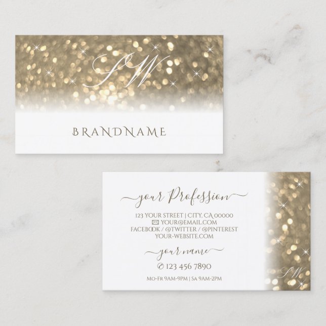 Luxurit White Guld Sparkling Glitter Monogram Visitkort (Fram/baksida)