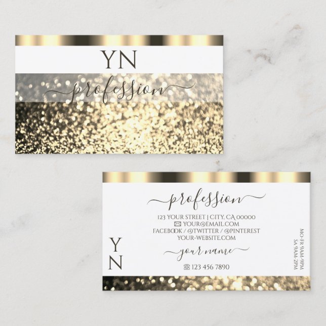 Luxurit White Guld Sparkling Glitter Monogram Visitkort (Fram/baksida)