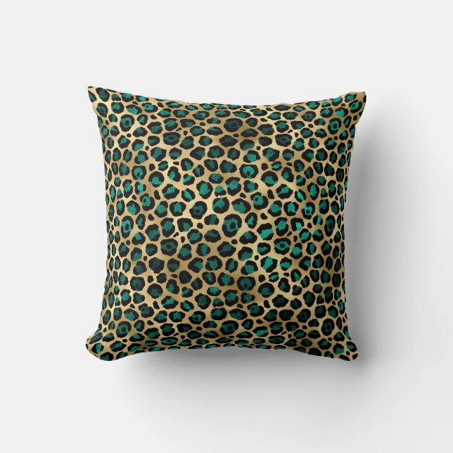 LUXURIUS ANIMAL PRINT LEOPARD GRÖNT GULD CUSHION KUDDE (Framsida)