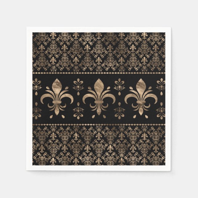 Luxursvart och guld Fleur-de-lis-ornament Pappersservett (Framsidan)