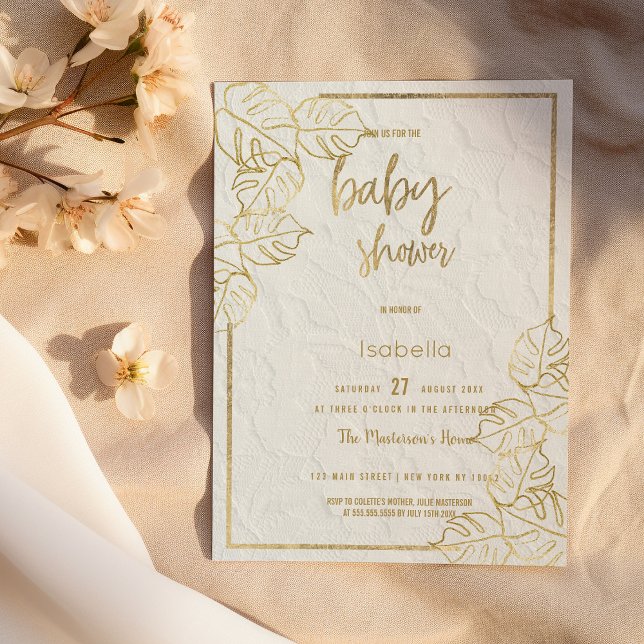 Luxurvit guld fransk blommigt  snöre Babyskor Inbjudningar (Luxury white gold french floral lace Baby Shower Invitation)