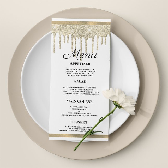 Luxurvit guld glitter droppar Bröllop Menu Program (Luxury white gold glitter drips Wedding Menu)