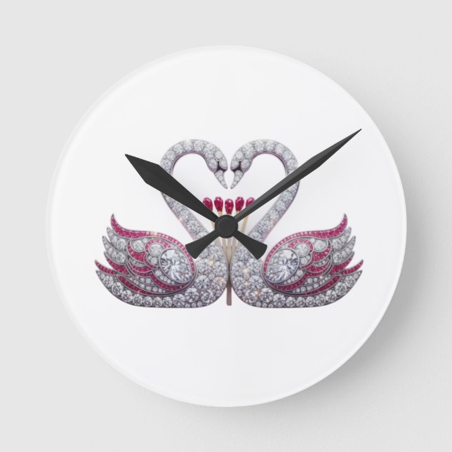 Luxury 3D Diamond Swans Heart - Elegant Wall Clock Rund Klocka (Framsida)