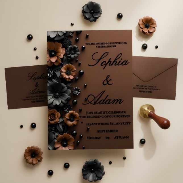 Luxury 3D Floral Bronze & Black Wedding Invitation Inbjudningar (Skapare uppladdad)